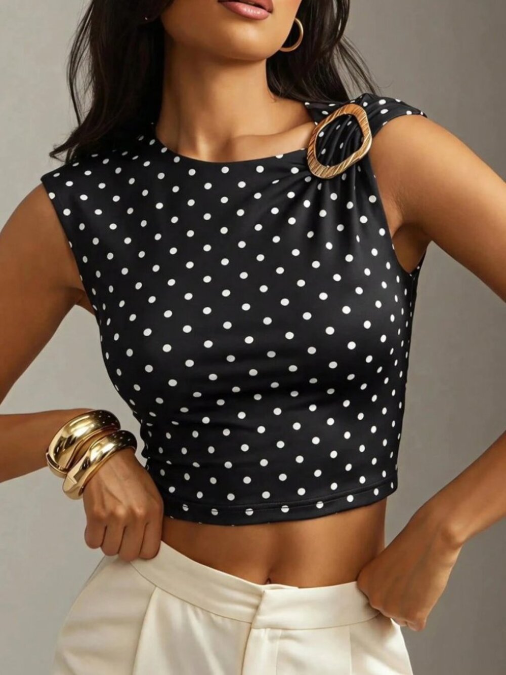 Black Polka Dot Crop Top with Asymmetrical Ring Neckline